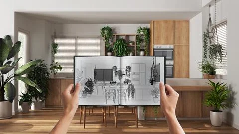 Hands holding notepad with kitchen design blueprint sketch or drawing. Real.. Illustrazione stock