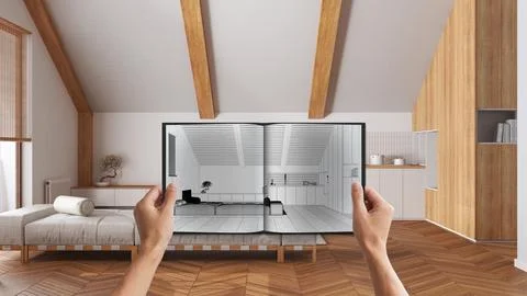 Hands holding notepad with kitchen design blueprint sketch or drawing. Real.. Illustrazione stock