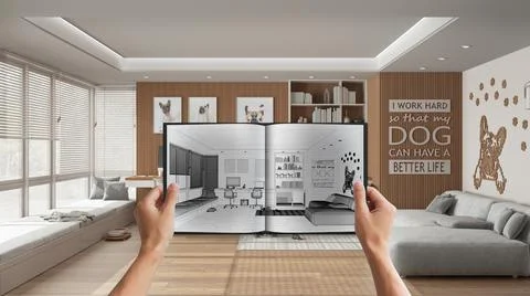 Hands holding notepad with pet friendly office design blueprint sketch or dra Illustrazione stock