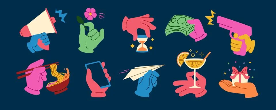 Hands holding objects. Doodle icons. OK gestures. Color arm with megaphone and Stock Illustration