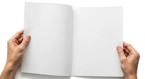 Hands holding open blank white pages of an open book or magazine for conten.. Stock Illustration