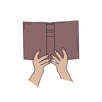 Hands holding open book. Line vector art. Stock Illustration