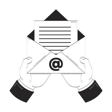 Hands holding open email envelope with document doodle outline illustration Stock Illustration