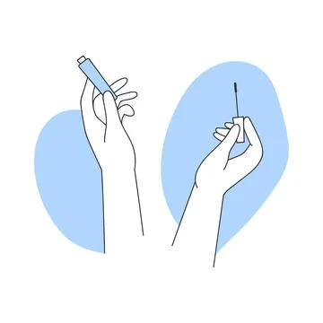 Hands holding open mascara plastic tube and brush for applying product to Stock Illustration