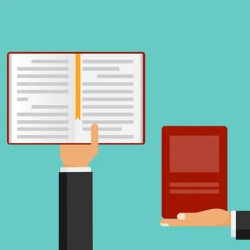 Hands holding open notebook with bookmark and closed red book textbook Stock Illustration