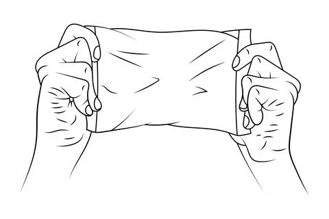 Hands holding package sketch vector illustration. Flow pack packaging. Stock Illustration