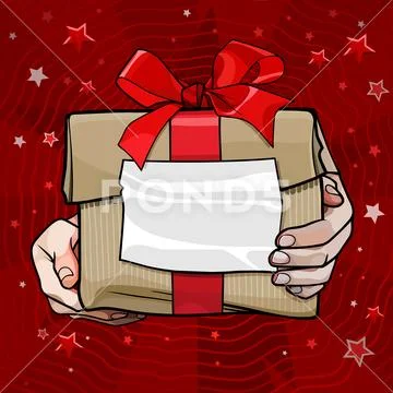 Hands Holding A Paper Box Tied With A Red Ribbon On A Festive Background