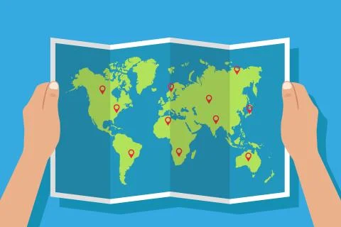 Hands holding paper world map. Vector illustration. Stock Illustration
