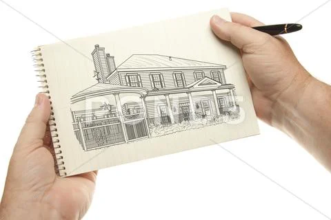 Hands Holding Pen and Pad of Paper with House Drawing Stock Photos