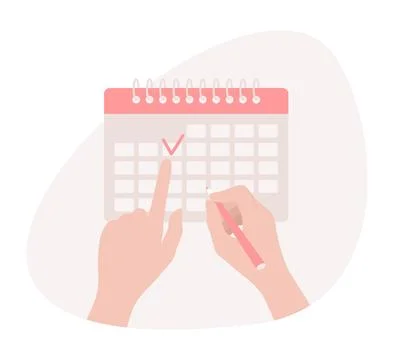 Hands holding a pen and pointing to a red checked date on a calendar Stock Illustration