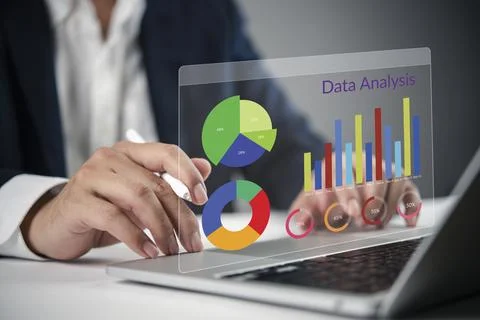 Hands holding pen Data analysis business intelligence graph and chart , fin.. Stock Photos