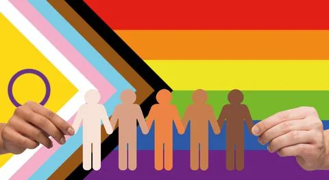 Hands holding people pictogram over pride flag Stock Photos