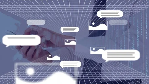 Hands holding phone tapping and swiping, spawning bubbles and pics in 3D tunnel Stock Footage 335731869
