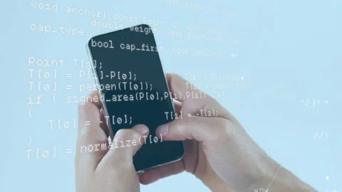 Hands holding phone while code overlay appearing causing thumb swiping and Stock Footage 332296750