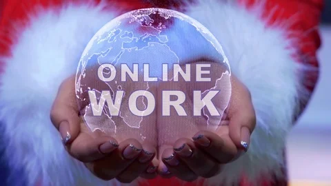 Hands holding planet with text Online work Stock Footage 126676185