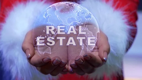 Hands holding planet with text Real estate Stock Footage 148826640