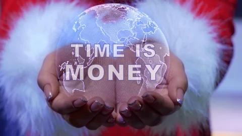 Hands holding planet with text Time is money Video stock 125847239