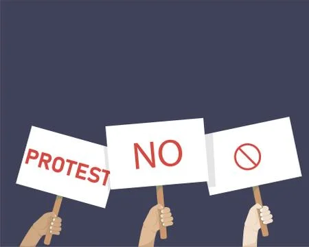 Hands holding protest signs, crowd of people protesters background Stock Illustration