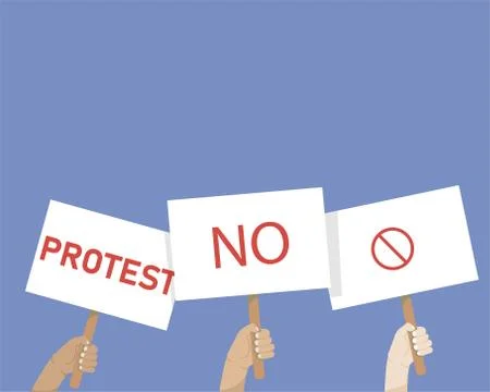 Hands holding protest signs, crowd of people protesters background, political Stock Illustration