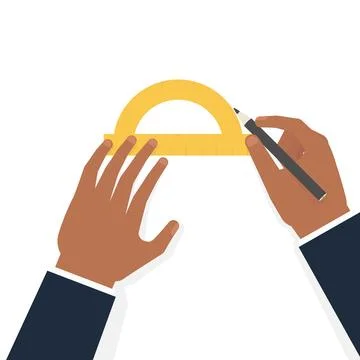 Hands Holding Protractor and Pencil Drawing Geometry Stock Illustration