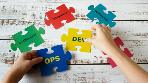 Hands holding puzzle with Dev and Ops words. DevOps Concept for software Stock Footage 122418523