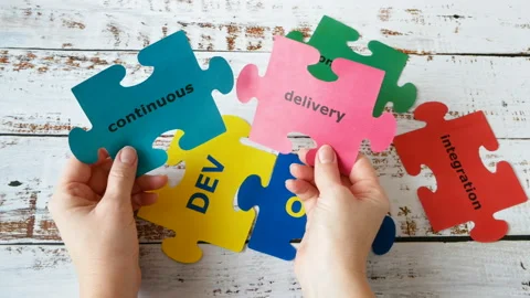 Hands holding puzzle with Dev and Ops words. DevOps Stock Footage 123995979