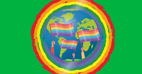 Hands holding rainbow flags over a globe icon against rainbow circle on black Stock Footage 318862390