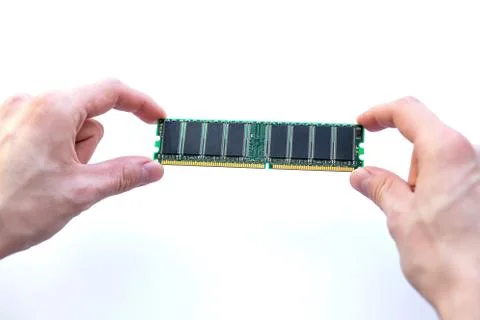 Hands holding ram memory card on a white background Stock Photos