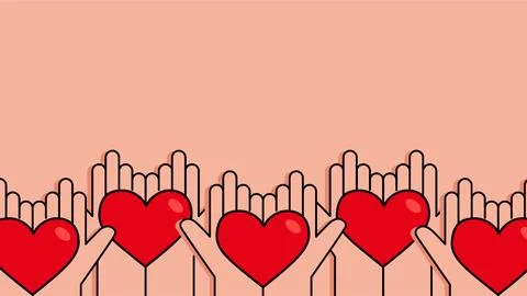 Hands holding red hearts flat vector illustration for child health day conc.. Stock Illustration
