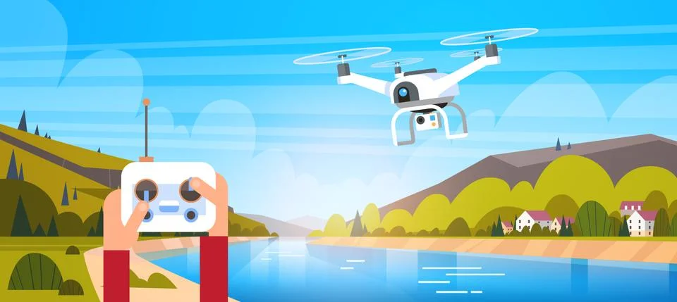 Hands Holding Remote Controller For Modern Drone Fly Over Beautiful Natural Illustrazione stock