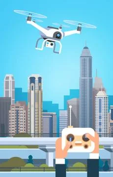 Hands Holding Remote Controller For Modern Drone Fly Over City Buildings Stock Illustration