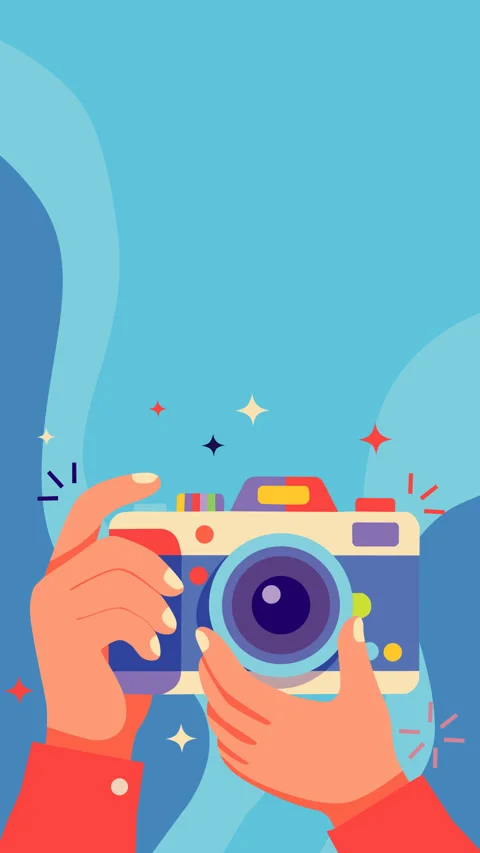 Hands Holding Retro Camera on Blue Background with Copy Space Stock Footage 340250913