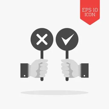 Hands holding right and wrong signs icon. Flat design gray color symbol. Mode Stock Illustration