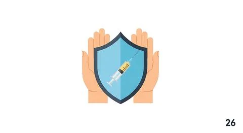 Hands holding shield protecting syringe with vaccine protecting health and .. Stock Illustration
