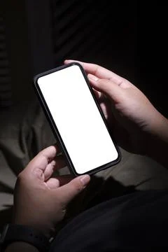 Hands holding smart phone with  empty screen. Close up view, Blank screen f.. Stock-Fotos