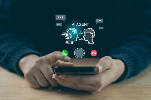Hands holding smartphone with AI agent hologram interface. Artificial intel.. Stock Photos
