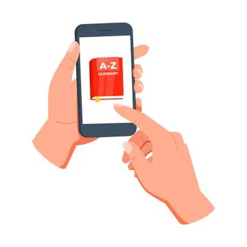 Hands holding a smartphone and browsing an online glossary, using a mobile app Stock-Illustration