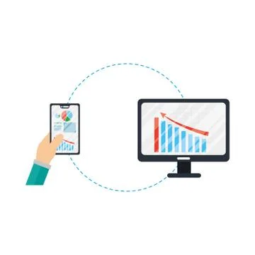 Hands holding smartphone and computer with infographic vector design Illustrazione stock