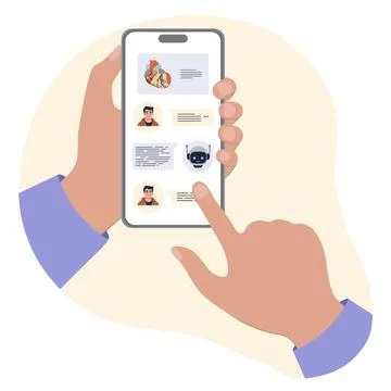 Hands holding smartphone with app displaying online chat interface, potenti.. Illustrazione stock