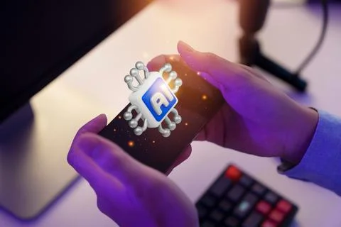 Hands holding smartphone with artificial intelligence AI processor chip graphic Stock Photos