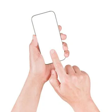 Hands holding smartphone with blank screen isolated on white background Stock Photos