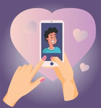 Hands holding smartphone with boy image on the screen and reacting to the Stock Illustration
