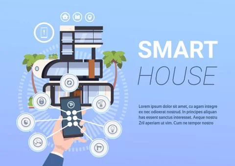 Hands Holding Smartphone With Control App Smart Home Management Technology Stock Illustration