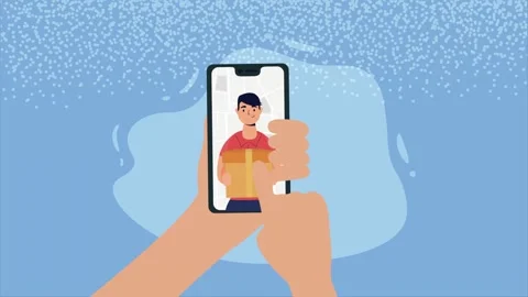 Hands holding smartphone with delivery man and box, map in motion for onlin.. Video stock 339062802