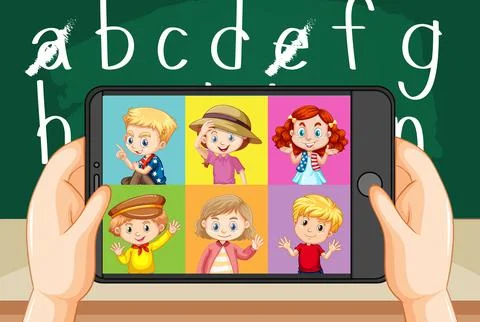 Hands holding smartphone with different kid on smartphone screen Stock Illustration