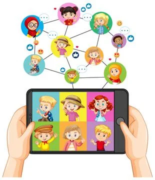 Hands holding smartphone with different kid on smartphone screen on white bac Stock Illustration