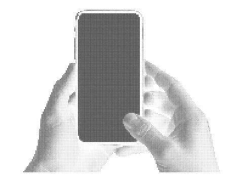 Hands holding a smartphone with a full halftone screen effect on a white ba.. Illustrazione stock