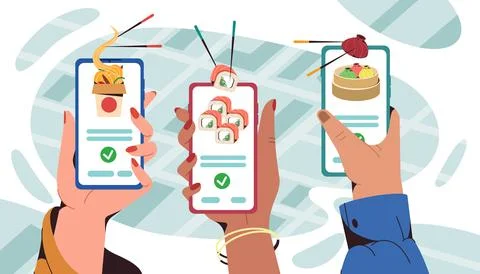 Hands holding smartphone with mobile app for order asian food Stock-Illustration