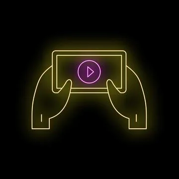 Hands holding smartphone playing video in neon light Stock Illustration