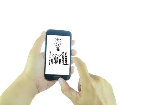 Hands holding smartphone on the screen with light bulbs and graph Stock Photos